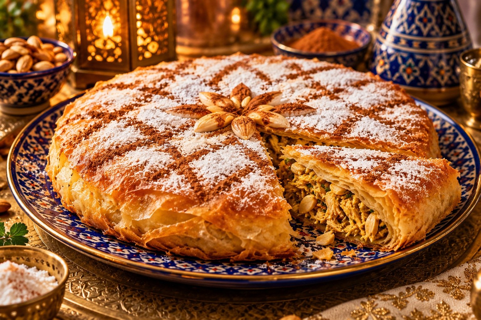 Golden Moroccan bastilla pastry finished with powdered sugar and cinnamon