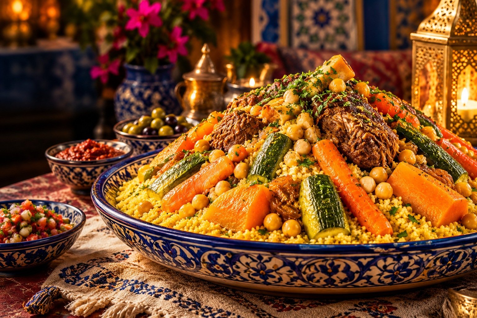 An abundant Moroccan couscous platter surrounded by warm Moroccan table details