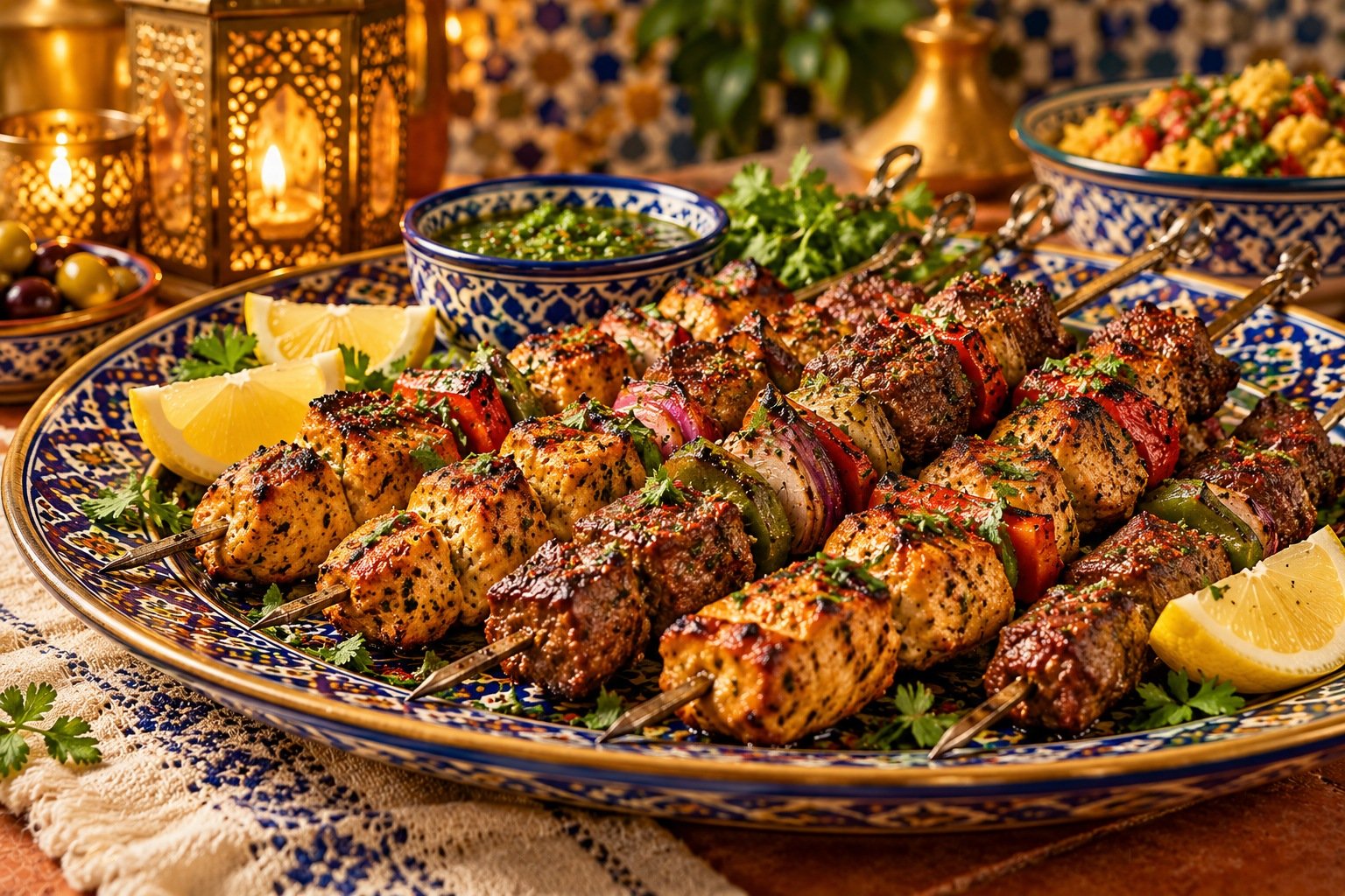 Grilled kabobs presented on a Moroccan ceramic platter with fresh herbs