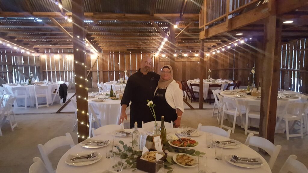 Catering team at a barn wedding reception