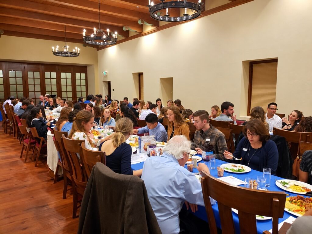 Guests enjoying a catered banquet dinner