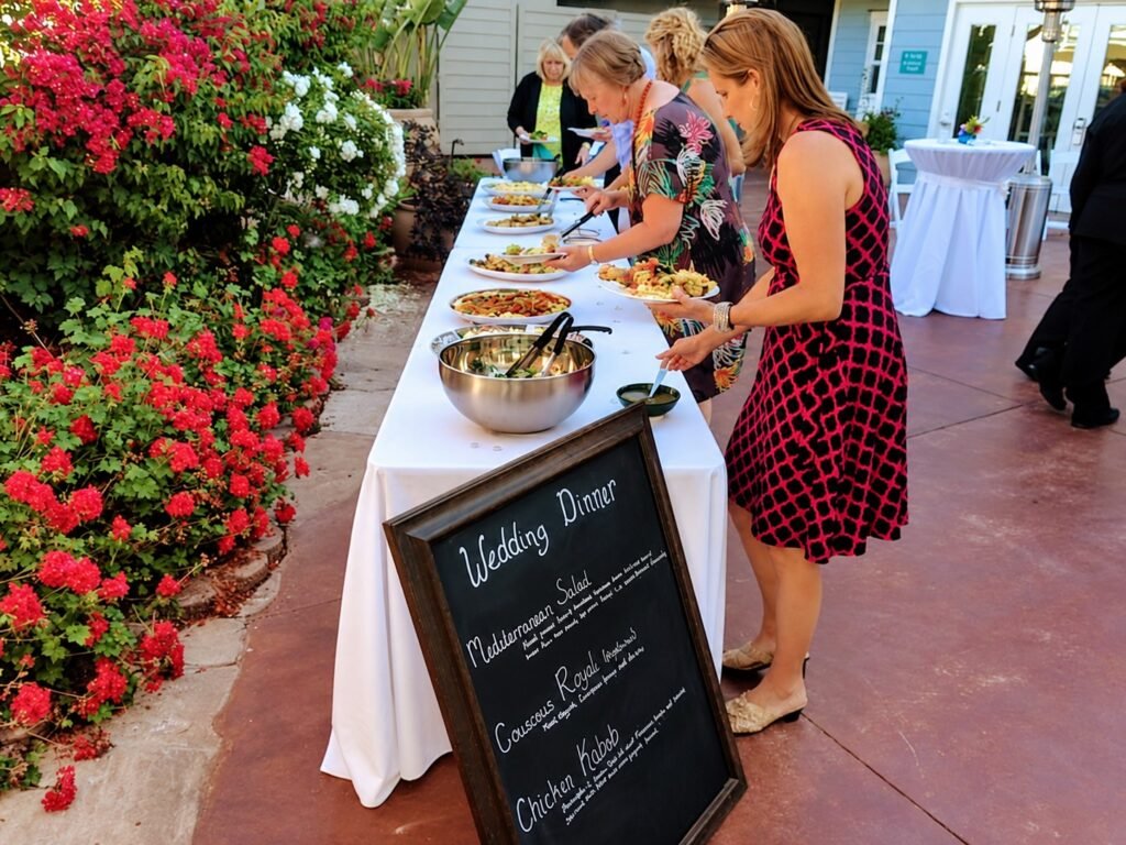 Guests serving themselves at a garden wedding buffet