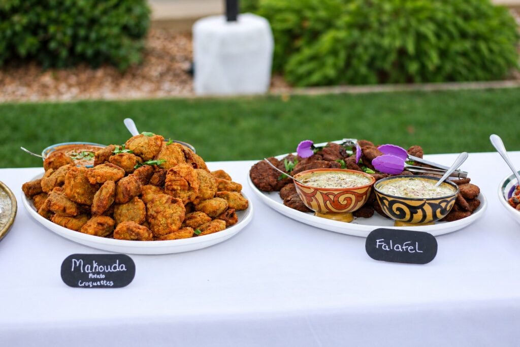 Makouda potato croquettes and falafel with dipping sauces