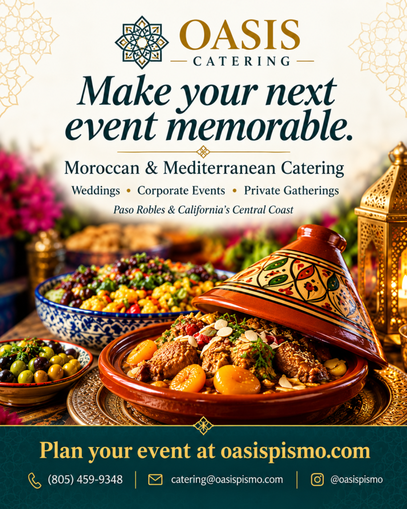 Oasis Catering promotional artwork featuring Moroccan tagine and couscous, with event catering contact details for Paso Robles and California’s Central Coast.