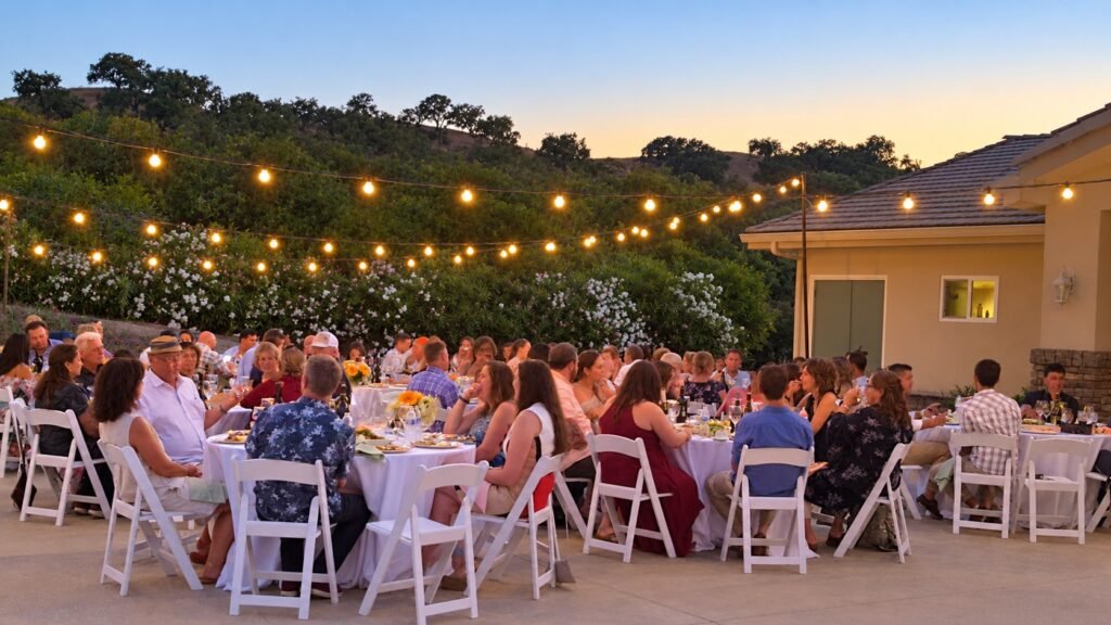 Outdoor wedding reception under string lights