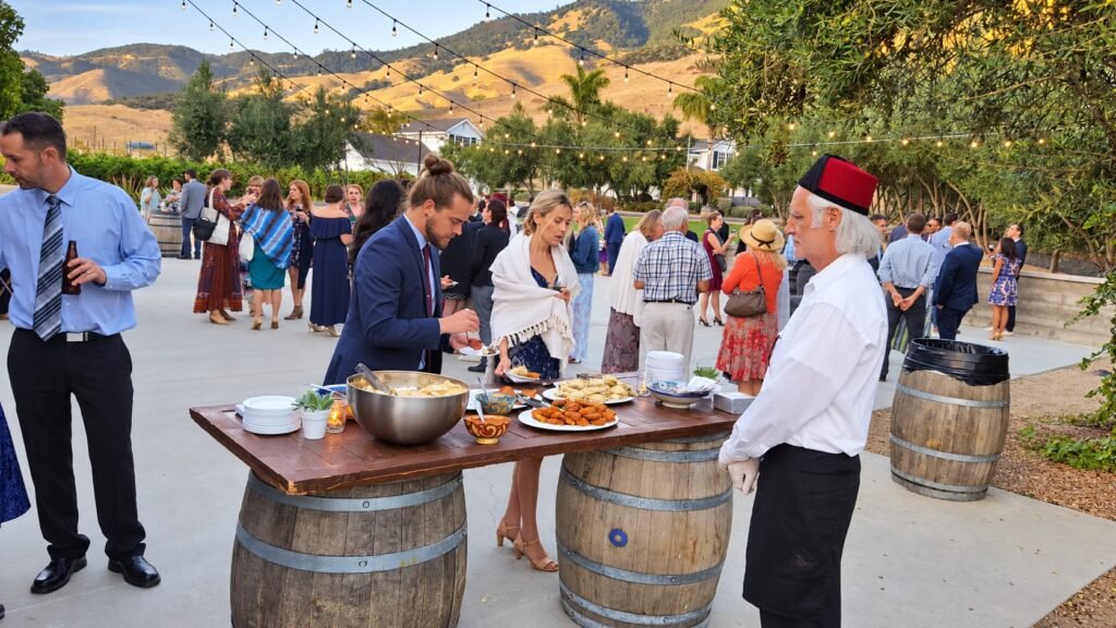 Wedding guests enjoying an appetizer buffet